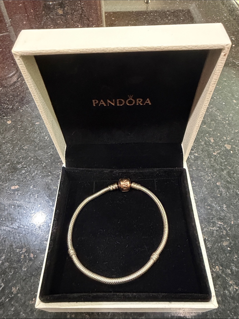 Pandora Silver Snake Chain Bracelet with Rose Gold Clasp